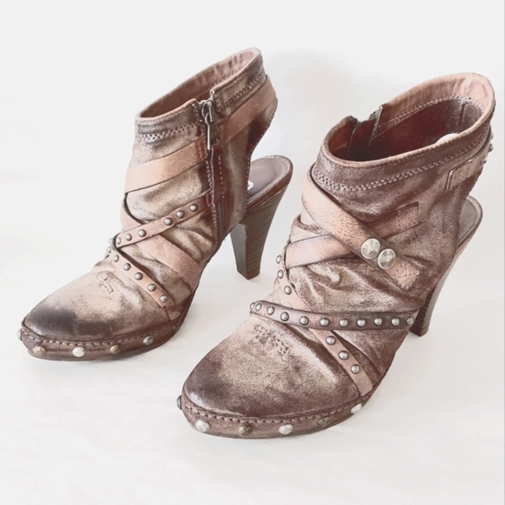 Mjus Open Back Comfy Ankle Boots Leather Studded Sandals Size 39 EU Brown Zipper